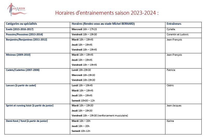 Horaires 2023